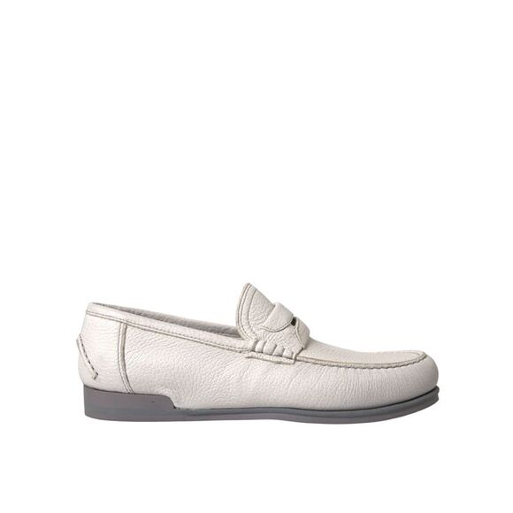 Dolce & Gabbana White Gray Leather Slip Mocassin Shoes Men's Loafer
